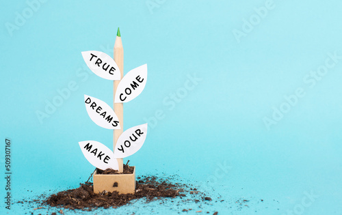 The phrase make your dreams come true is standing on the leaves of the plant, futuristic vision, positive mindset, motivation and coaching concept, follow your idea