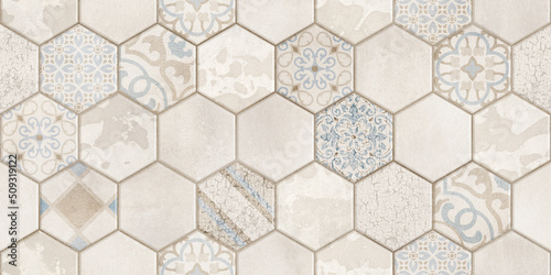 Seamless vintage pattern with scuff effect. Patchwork tiles. Hand-drawn seamless abstract tile pattern. Tile Azulejos patchwork. Portuguese and Spanish décor. Hexagon pattern
