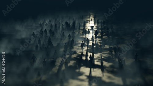 People go to the night. Blue fog. The crowd is moving into the distance. Throng goes in one direction. Mysterious world. Way to paradise. 3D rendering