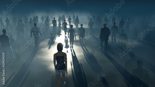 People go to the night. Blue fog. The crowd is moving into the distance. Throng goes in one direction. Mysterious world. Way to paradise. 3D rendering