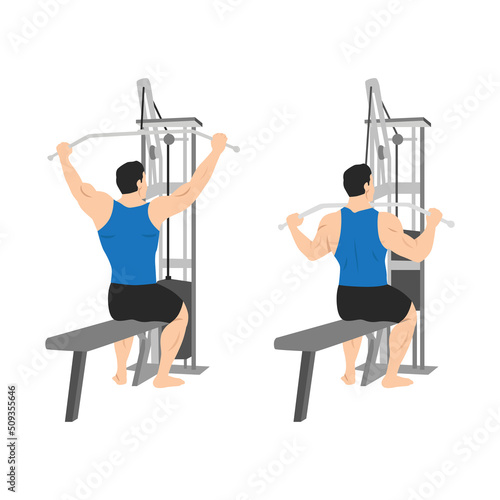 Man doing seated Wide grup lat pulldown flat vector illustration isolated on white background