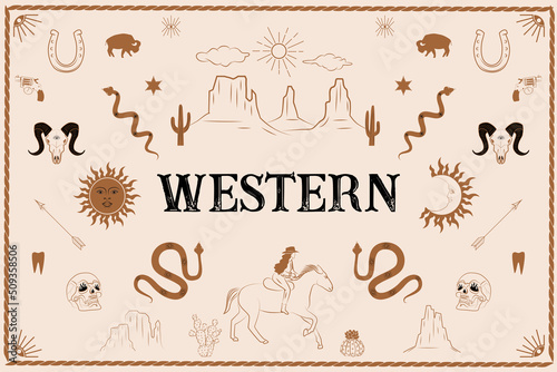 Western poster with desert landscape, western animals, cowgirl, horses, wild west elements, cactus. Editable vector illustration.