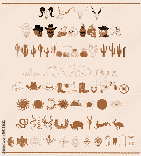 Wild West elements collection with cactus, skull, desert landscape, western animals, symbols. Perfect for create logotype. Editable vector illustration.