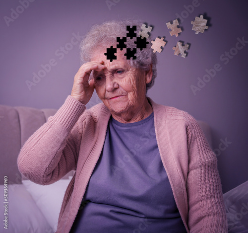 Elderly woman suffering from dementia at home. Illustration of head as jigsaw puzzle losing pieces