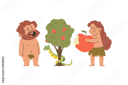 Adam and Eve biblical religious scene vector cartoon illustration isolated on a white background.