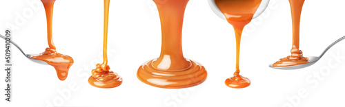 set drip of caramel on white background
