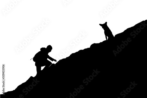 Sylwetki człowieka i psa na skale