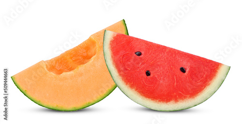 Sliced of cantaloupe melon and watermelon isolated on white background.