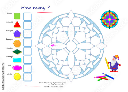 Educational worksheet for kids. Count the quantity of geometric figures and write numbers. Paint the beautiful mandala. Coloring book for children. Math logic puzzle game. Developing counting skills.
