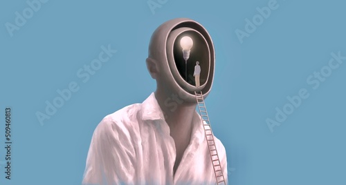Light bulb glowing in a man head. Concept idea art of thinking solution intelligence and brain. 3d illustration. Conceptual artwork.