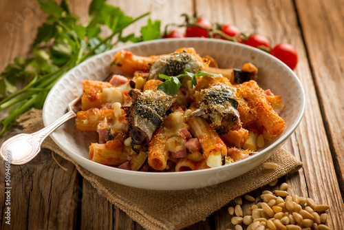 oven pasta with sardines eggplants pine nuts tomato and parsley