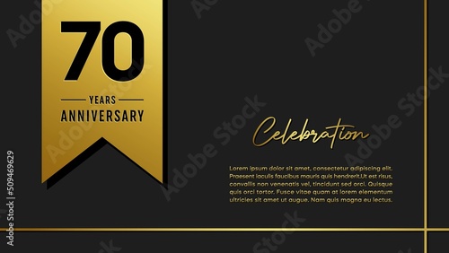 70 years anniversary logo with golden ribbon for booklet, leaflet, magazine, brochure poster, banner, web, invitation or greeting card. Vector illustrations.