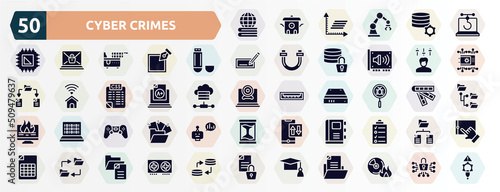 cyber crimes filled icons set. glyph icons such as learning, phishing, usb flash drive, producer, grades, malware, computer game, appointment book, data synchronization, graduation cap icon.