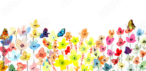 Banner con fiorellini di campo colorati e farfalle, acquerello isolato su sfondo bianco