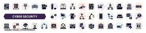 cyber security filled icons set. glyph icons such as prototyping, usb flash drive, electric fryer, prediction, mobile phones, binary code, online server, ransomware, tutorial icon.