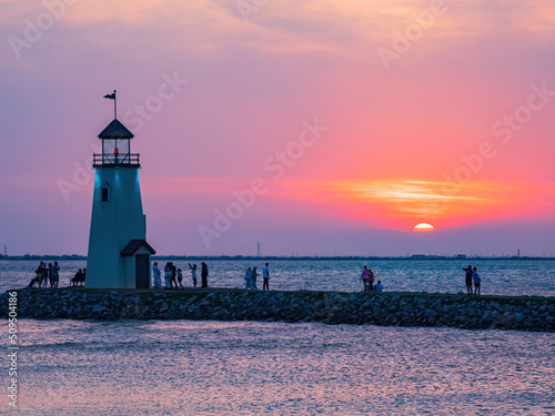 Sunset view of the lighthouse of Lake Hefner