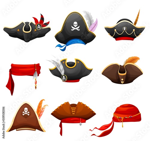 Cartoon tricorn, bandana and pirate cocked hat set. Corsair, buccaneer, pirate, filibuster hats. Vector headwear for carnival, captain and sailor caps with feathers and jolly rogers, red scarves