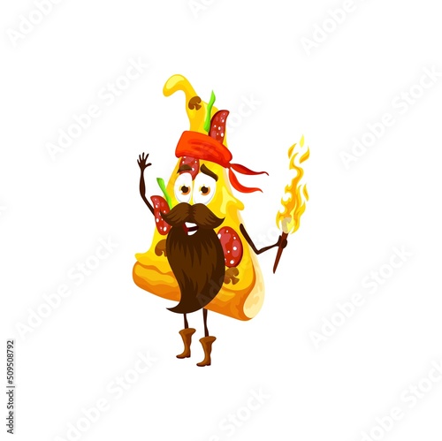 Cartoon pizza slice pirate character. Vector corsair fast food personage for kids menu. Fastfood freebooter wear bandana holding torch in hand. Funny filibuster pizza snack with sausage, takeaway meal