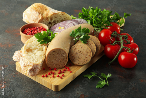 Concept of tasty food with liverwurst sausage, close up