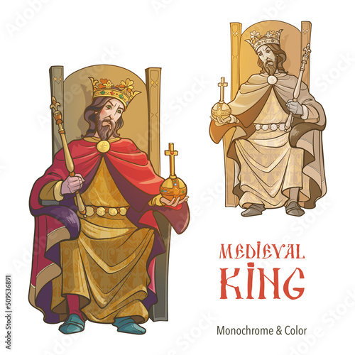 Medieval king sitting on a throne and holding a scepter and orb. Medieval gothic style concept art. Design element. Black line drawing isolated on white background. EPS10 vector illustration