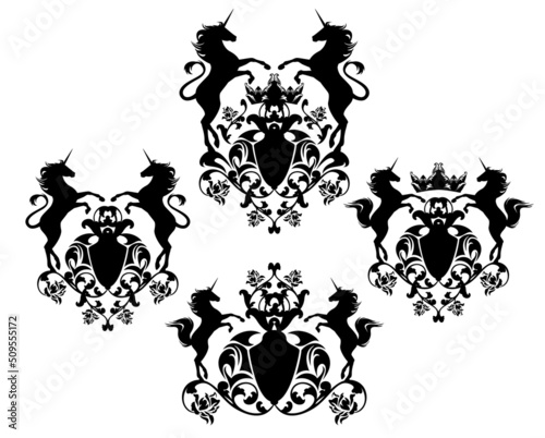 pair of mythical unicorn horses and heraldic shield decorated with rose flowers and king crown - antique style royal coat of arms black and white vector design set