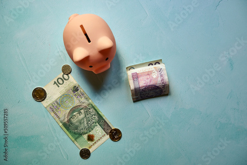 różowa świnka skarbonka, monety i banknoty na niebieskim tle 