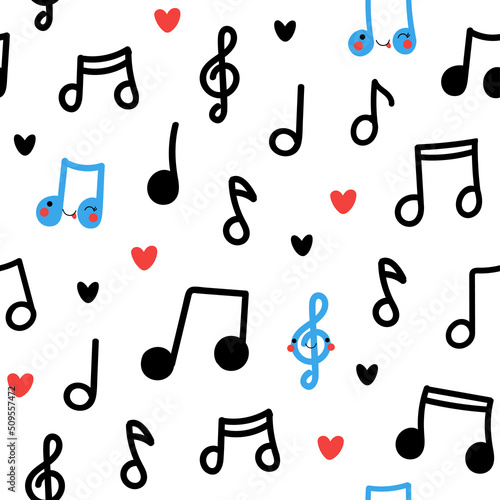 Cute seamless pattern with funny musical notes characters on white background. Vector backdrop illustration hand drawn in doodle style