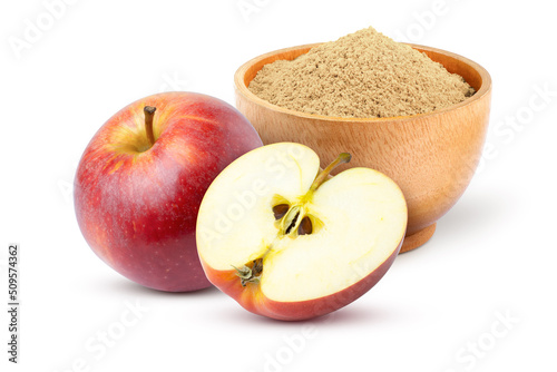 Apple pectin fiber powder in wooden bowl and fresh red apple with cut in half slice isolated on white background. 