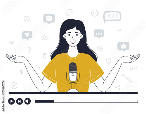A cute girl in earphones talking into a microphone, recording a podcast. A woman with dark hair hosts an online show, tells stories. Podcasting, blogging, radio broadcasts. Outline vector illustration