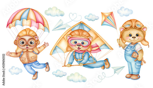 Set of cute teddy bear flying on parachute and paraglider in the sky. Funny pilots. Watercolor cartoon funny animals on a plane, hand drawn illustration isolated on white background