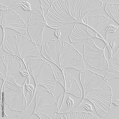 3d embossed lines floral seamless pattern. Textured beautiful flowers relief background. Repeat emboss white backdrop. Surface leaves, flowers. 3d line art flowers ornament with embossing effect. Art