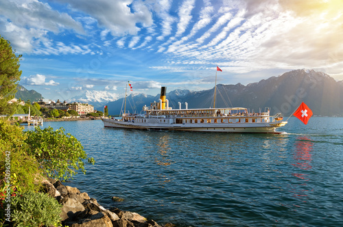 Beautiful summer evening landscape of Lake Geneva in Montreux, Switzerland