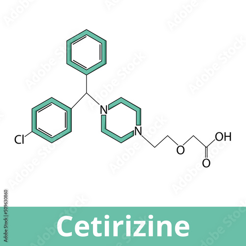 Chemical structure of cetirizine. It is a second-generation antihistamine used to treat allergic rhinitis (hay fever), dermatitis, and urticaria (hives).