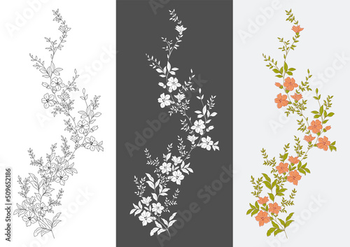 Set of floral patterns. Colorfull flowers vector design. Black and white. 