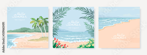 Set of vector square landscape background. Beautiful illustration of sandy summer beach. Summer holidays card, poster or banner design template