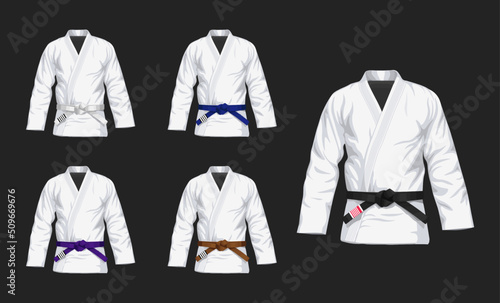 Set of BJJ White Gis with different belts flat vector illustration. Kimono with all belts vector illustration in flat style. Brazilian Jiu-Jitsu kit. Isolated on black background. 