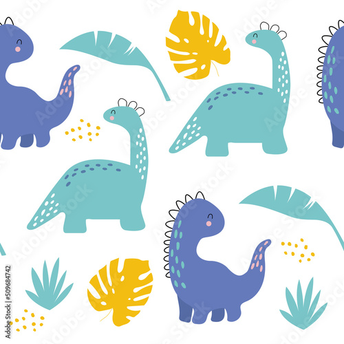 Vector hand drawn cute dinosaurs with tropical leaves. Seamless pattern.