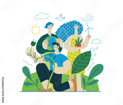 Ecology - Go green -Modern flat vector concept illustration of ecology metaphor, People surrounded by natural ecological and Renewable energy symbols. Creative landing web page illustartion