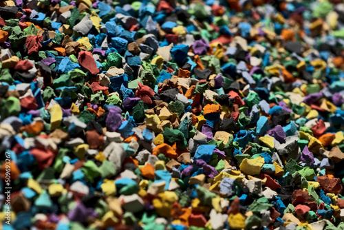 Polyurethan Granulat gemischt Haufen, Gummi Plastik Kunststoff Teilchen bunt Farbe