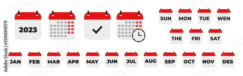 Calender , days of the week. Set every day a week . Collection of calendar symbols. Vector icon. Flat, red and white calendar, icon set for the week. 10 eps