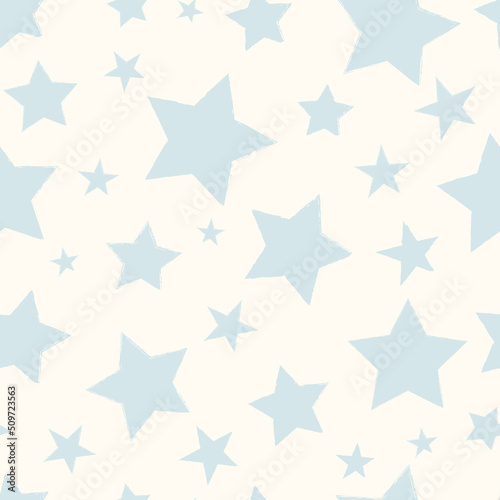 Soft blue vintage star seamless vector pattern. Light blue stars on a white cream background with an organic hand drawn rough texture. Cute repeat backdrop wallpaper surface print for baby and kids.
