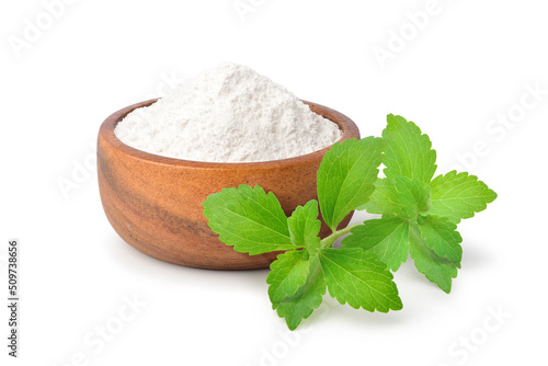 Stevia sugar with fresh stevia leaves isolated on white background.