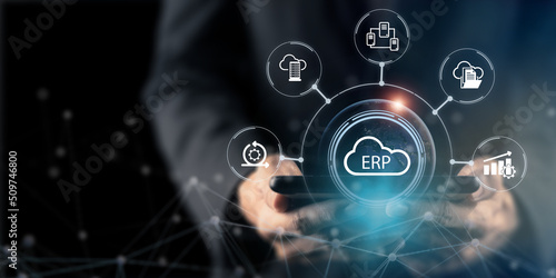 Cloud ERP, Enterprise Resource Planning concept. Providing for team advanced capabilities, AI to automate operational processes, react in real time, automatic updates and gain a competitive advantage