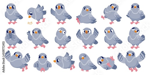 Cartoon pigeon. Funny bird character with various emotions in different poses, comic mascot clip art. Vector dove animal in flight isolated set