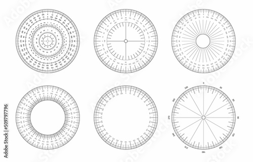 Angle measuring grid template set. Circular protractor of various types