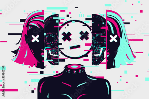 Cybepunk girl. Woman gamer. Cartoon vector illustration. Glitch style. Game over concept.