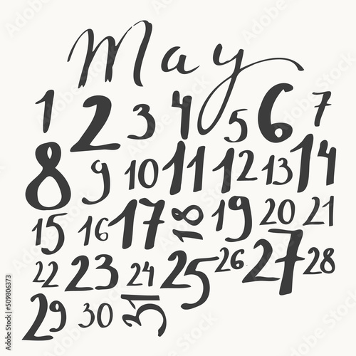 May calendar with calligraphy month name, uneven numbers.