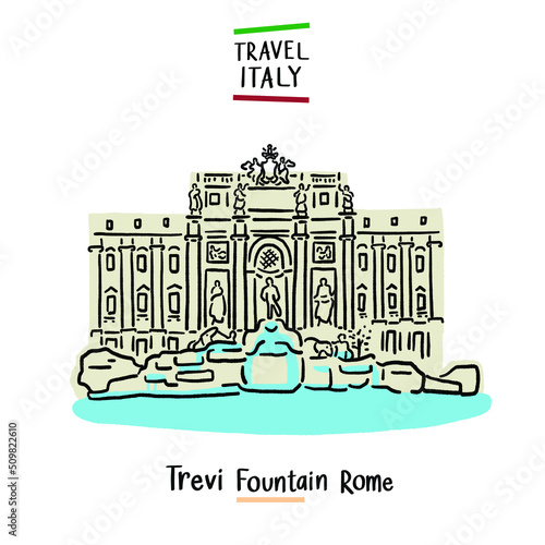 Trevi fountain Rome Italy landmark Hand drawn color Illustration