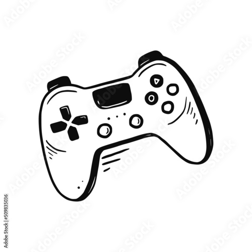 Video game joystick hand drawn doodle control. Video gamer joystick controller element. Computer retro, arcade play concept. Vector illustration.