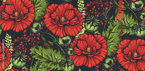Vintage seamless background with flower. Red poppy. Ideally for fabric print, postcard and other uses.
